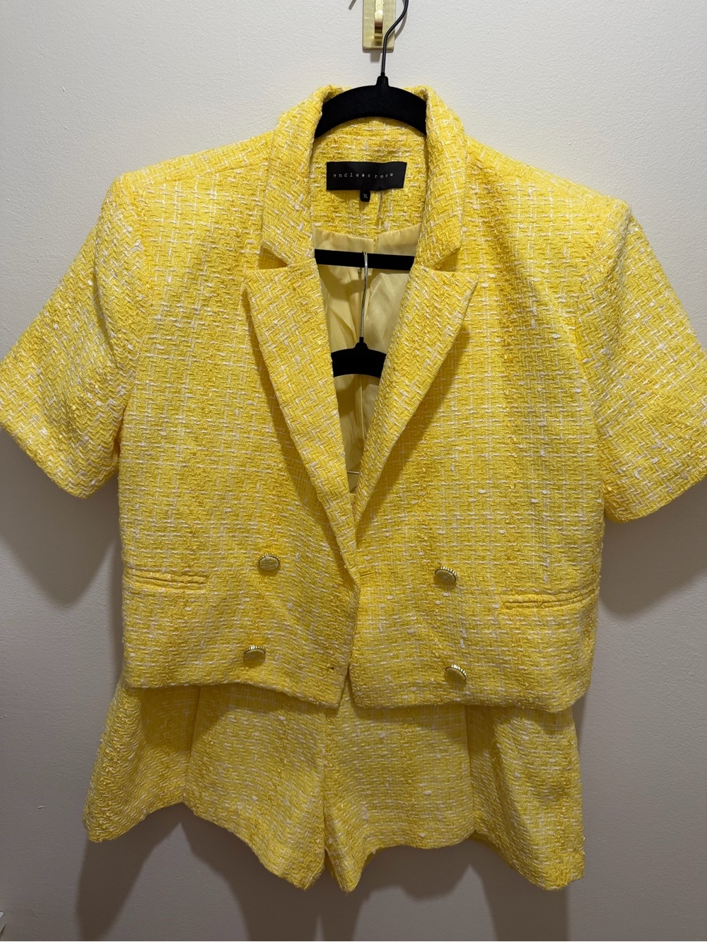 Endless Rose Bright Yellow Tweed Short Sleeve Blazer and Short Set